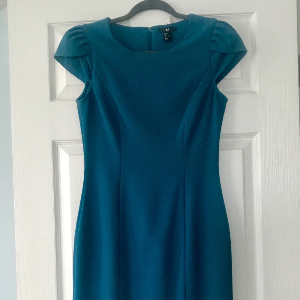 Teal cap sleeve sheath dress